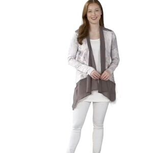 LOGO by Lori Goldstein Cardigan Hand Tie-Dye Lace Chiffon Top S Gray A394711